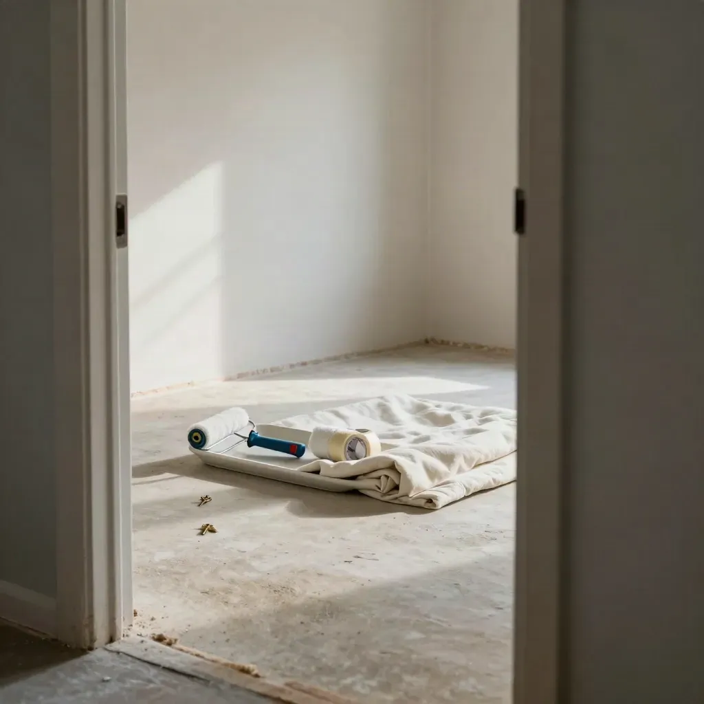 Onbewerkte huurkamer met sleutel op schaal, verfroller, tape en verhuisdeken in hard daglicht.