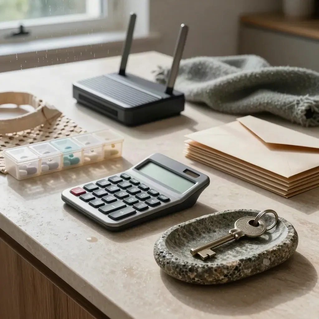 Keukenblad met calculator, pillendoos, boodschappentas en router in zacht ochtendlicht.