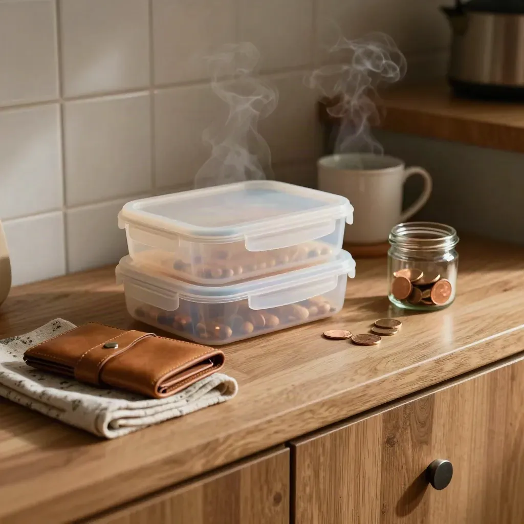 Keukensideboard met medicijndoosje, broodtrommels, portemonnee en spaarpot in warm licht.