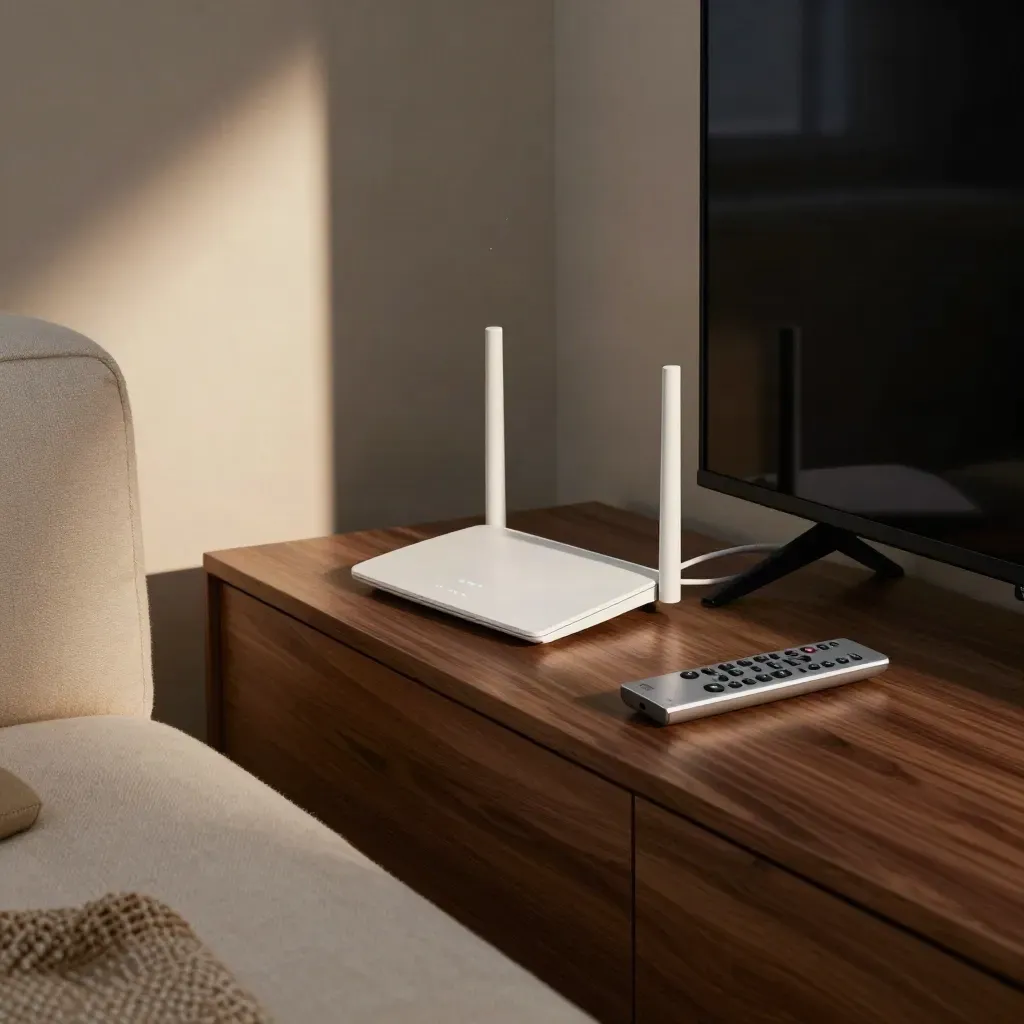 Routers, afstandsbediening en tv-hoek in een warme woonkamer bij avondlicht.