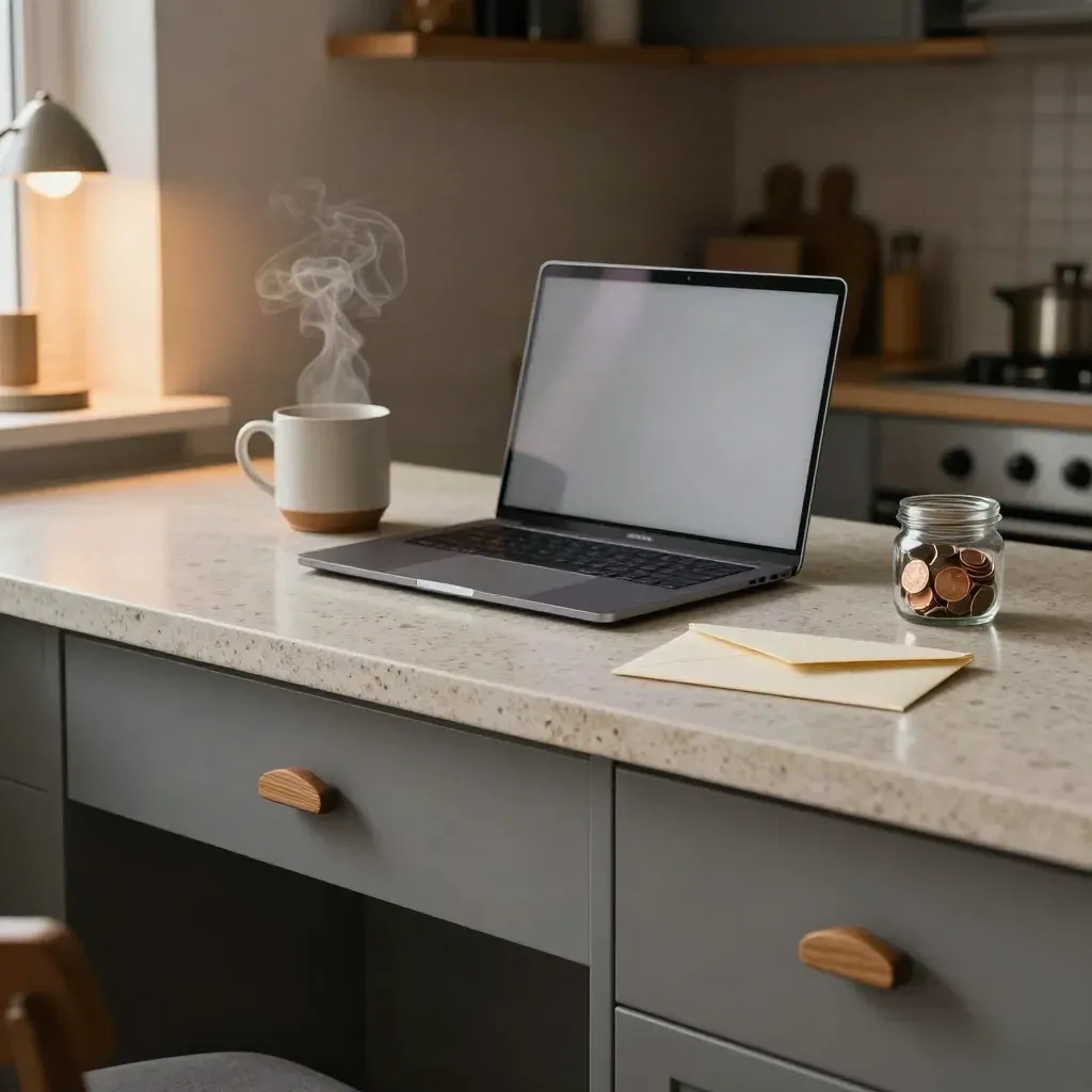 Kleine keukenwerkplek met gesloten laptop, mok, envelop en glazen pot met munten.