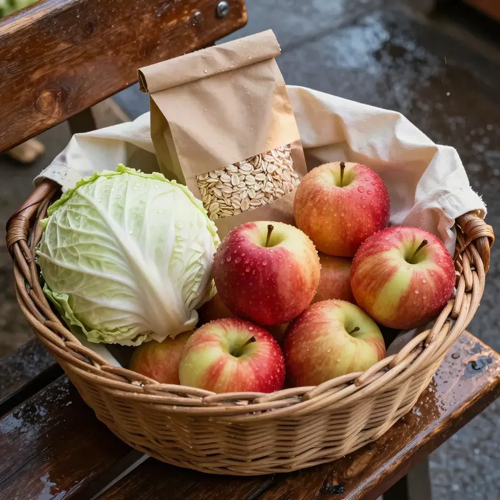 Boodschappenmand met kool, appels, haver en een herbruikbare tas op een natte marktbank.