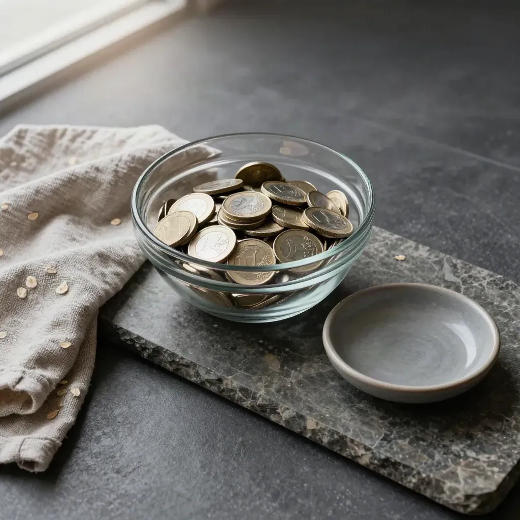 Glazen kom met eurocoins, linnen doek en keramisch schaaltje op steen